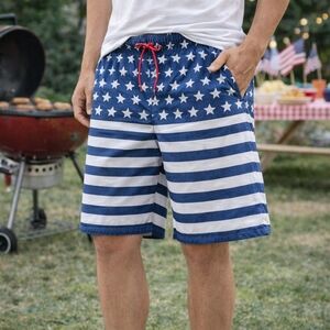 Old Navy Blue White Stars Stripes Swim Trunks Men M Drawstring Lined Board Short